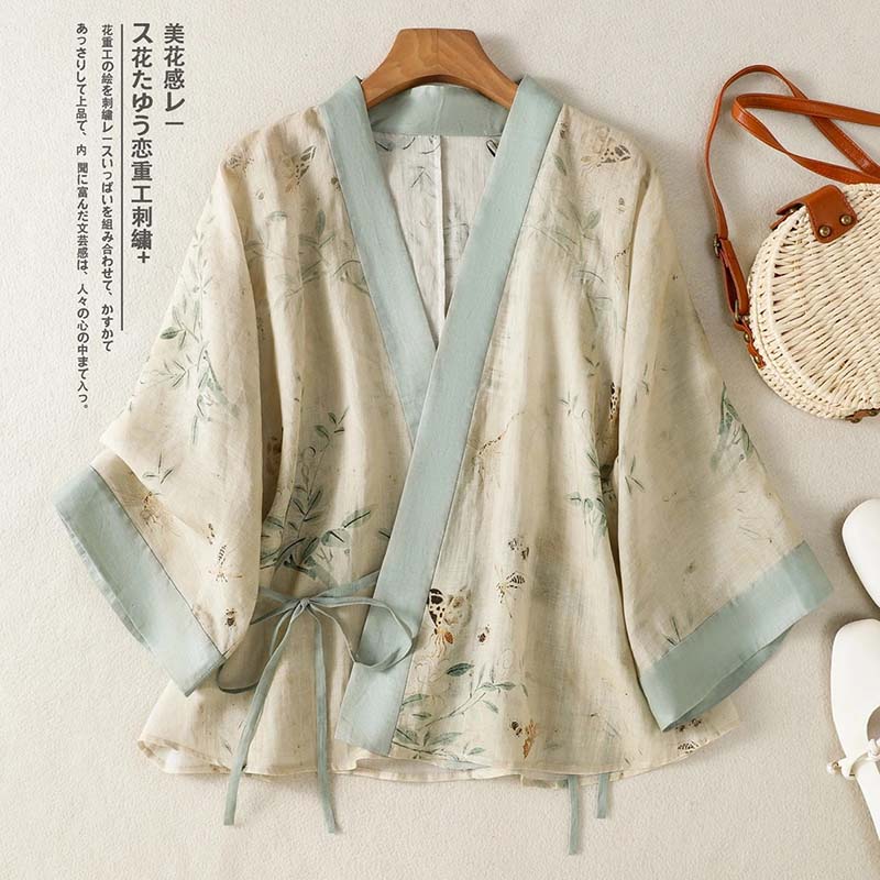 Summer Clothing Wraps - Vintage Çiçek Baskılı Kısa Kimono Hırka