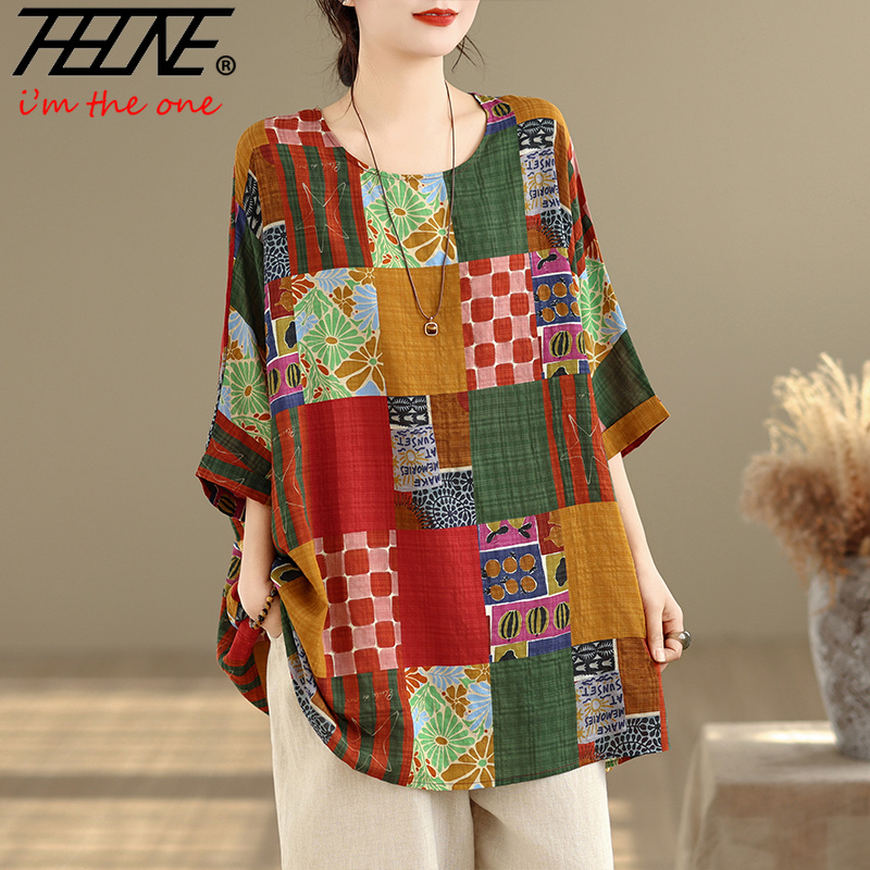 Summer Clothing Linen - THHONE Kadın Gömlekleri Baskılı Bol Büyük