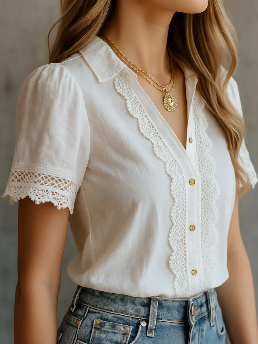 Summer Clothing Linen - Zarif Kadın Gömlekleri Günlük Düz Renk