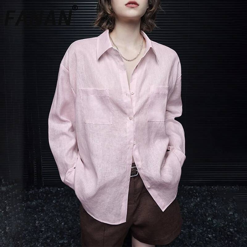 Summer Linen Clothing For Women - FANAN Pembe Keten Uzun kollu Gömlek