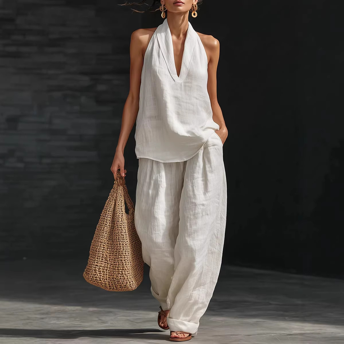 Summer Clothing Linen - Yazlık Retro Düz Renk Pamuklu Keten
