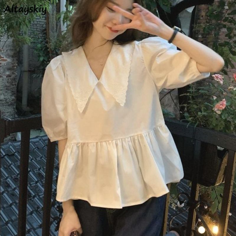 Summer Linen Clothing For Women - Peter Pan Yaka Bluzlar Kadın Baggy